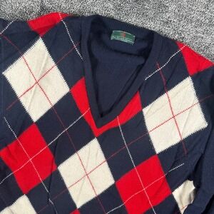 The Scotch House Cashmere Sweater Mens XL Argyle Navy Red V-Neck Scotland